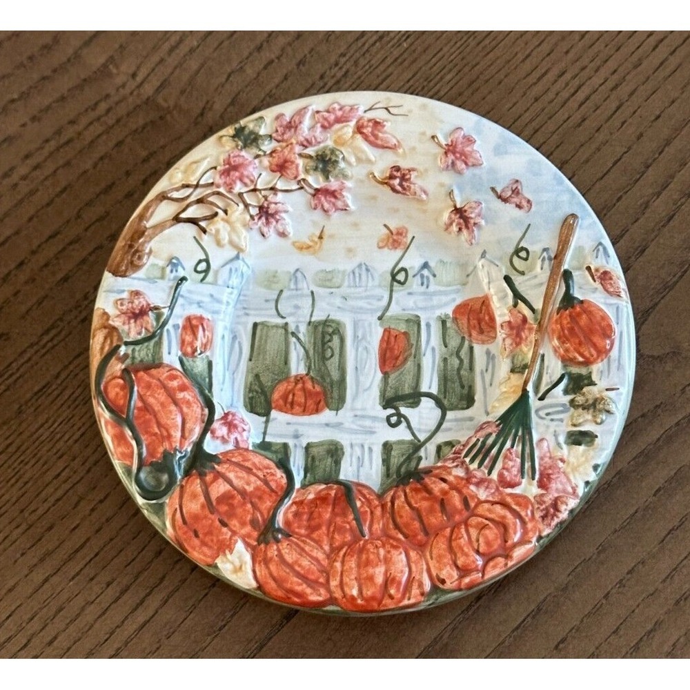 Retired Yankee Candle Small Plate Pumpkins White Picket Fence‎ Fall Harvest 5''